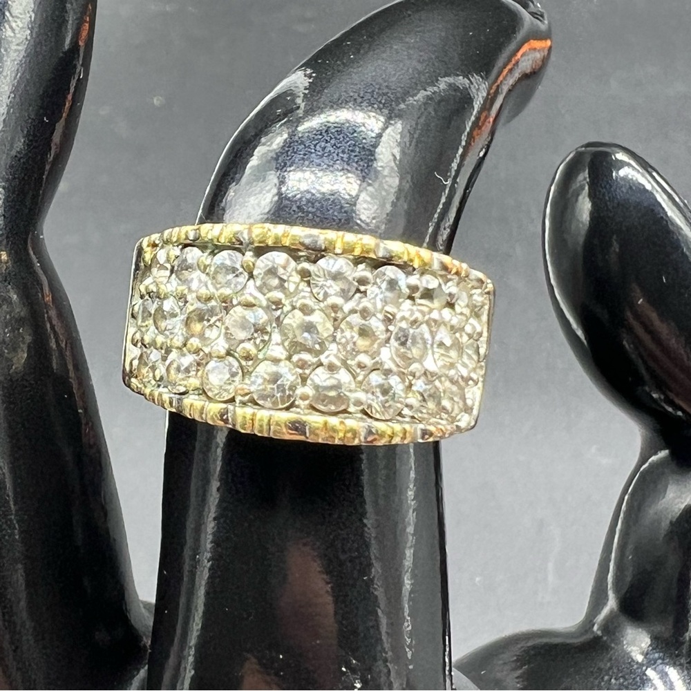 Wide Band Rhinestone Ring Silver Gold Tone Statement Cocktail Size 7